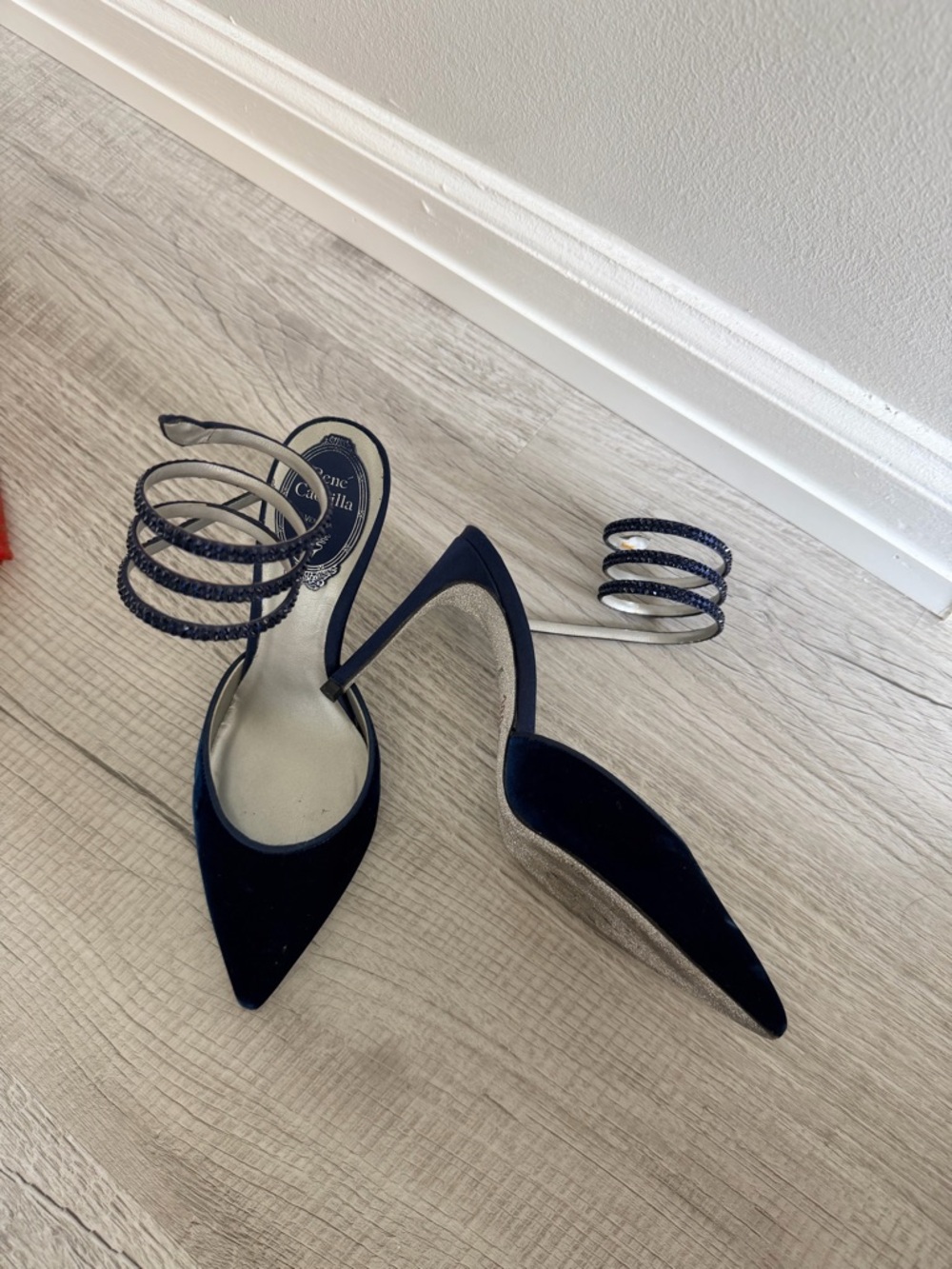 Rene Caovilla Navy Velvet Spiral Ankle Strap Pump
